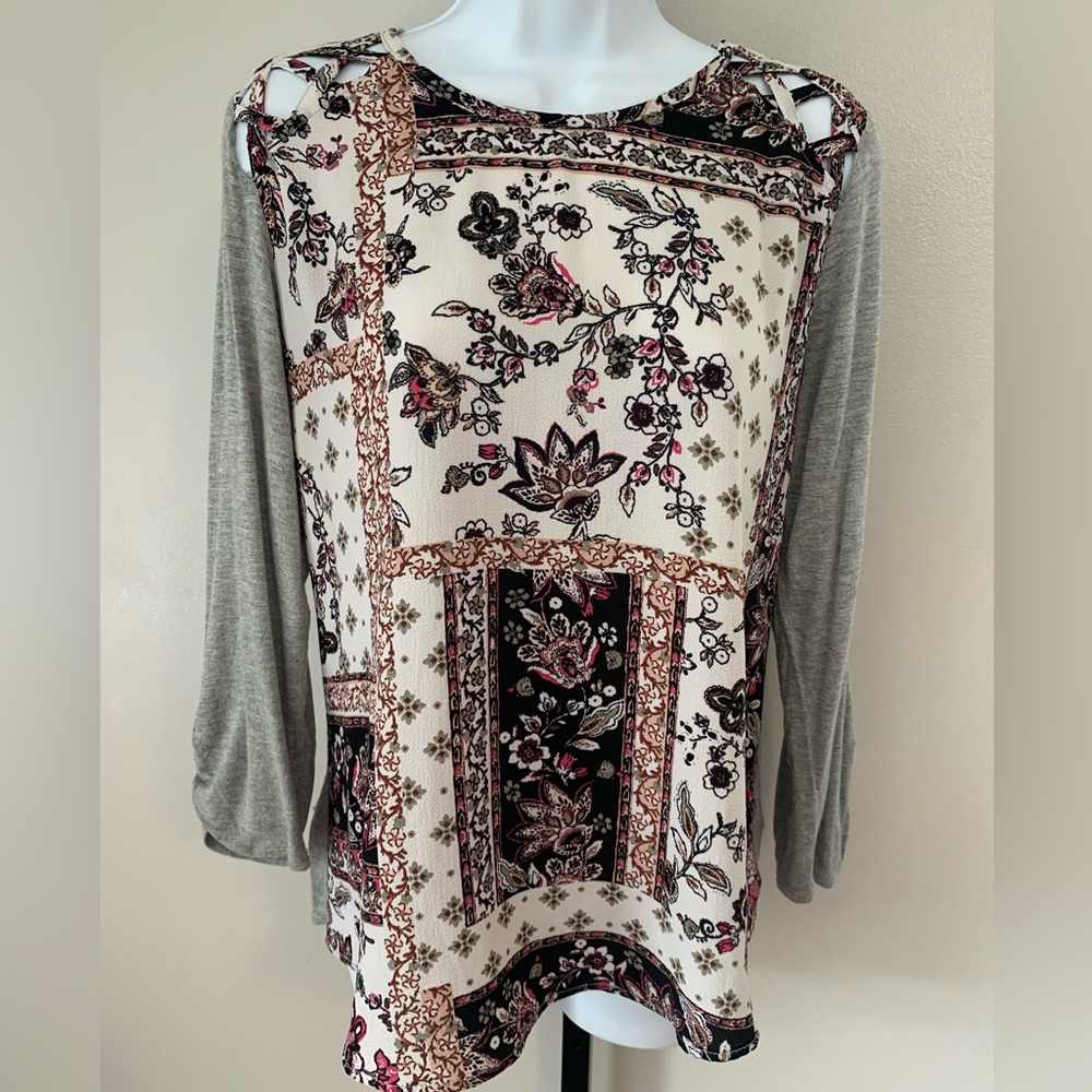 Maurices Floral Patchwork Blouse with Gray Sleeves